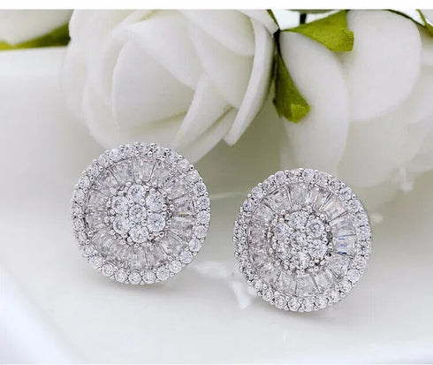 Baguette 18K White Gold Plated Round Cut Cubic Zircon Men Women Cluster Earrings